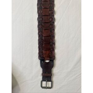 Vintage Motif 56 Wide Woven Brown Leather Belt Brass Buckle size small